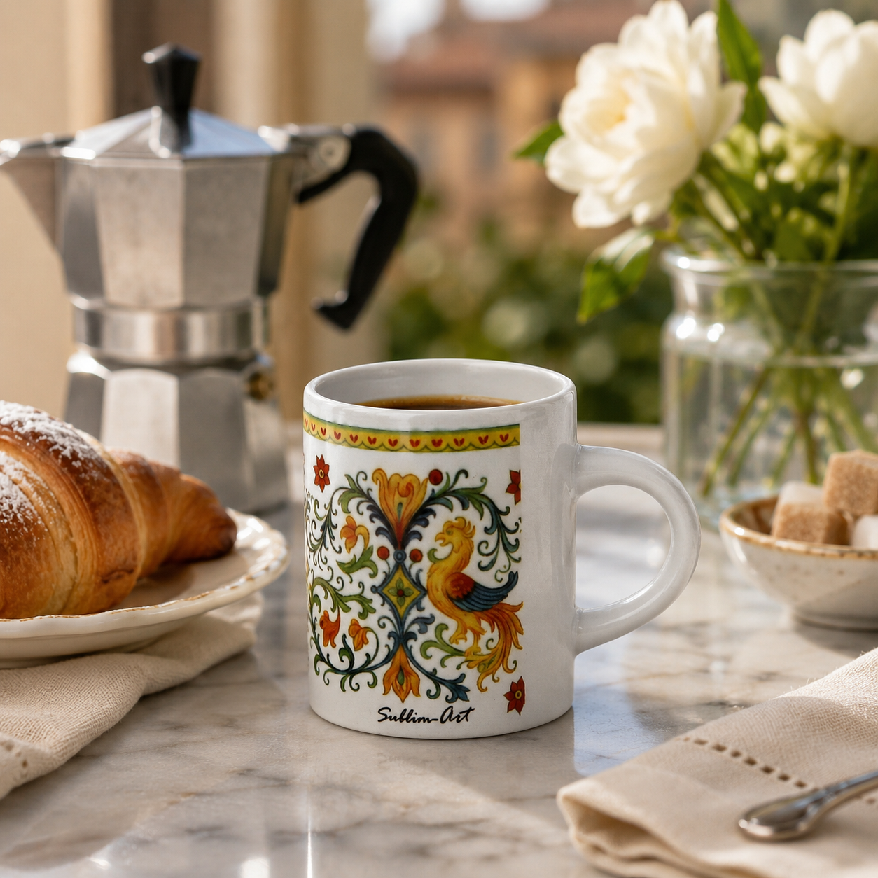 Italian Espresso Cup 3 oz, Ceramic Coffee Cup, Raffaellesco Style Dragon Design, Coffee Lover Gift