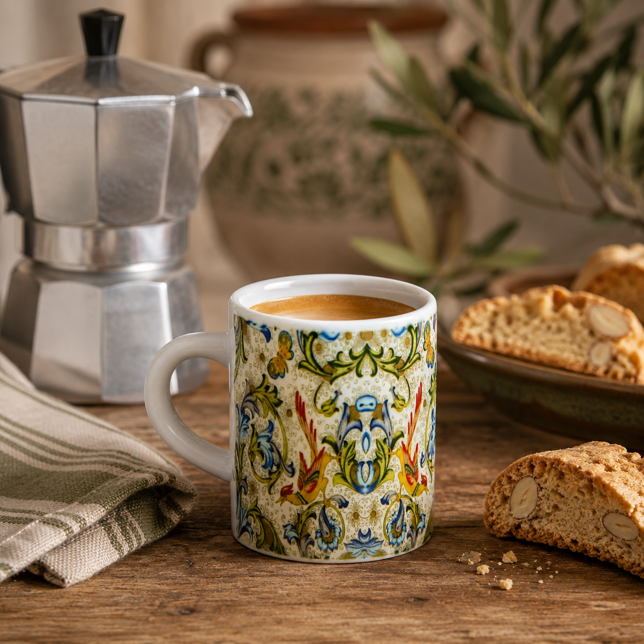 Italian Espresso Cup 3 oz, Ceramic Coffee Cup, Florentine Bird Majolica Style, Coffee Lover Gift