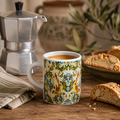 Italian Espresso Cup 3 oz, Ceramic Coffee Cup, Florentine Bird Majolica Style, Coffee Lover Gift