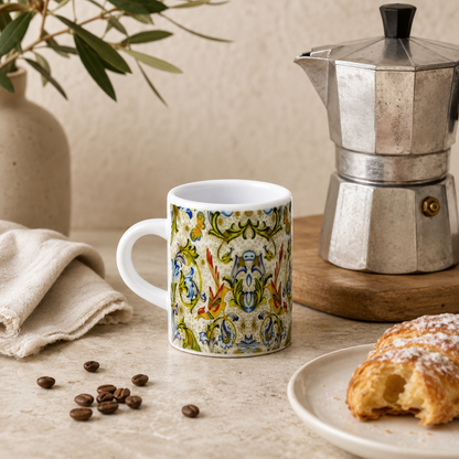 Italian Espresso Cup 3 oz, Ceramic Coffee Cup, Florentine Bird Majolica Style, Coffee Lover Gift