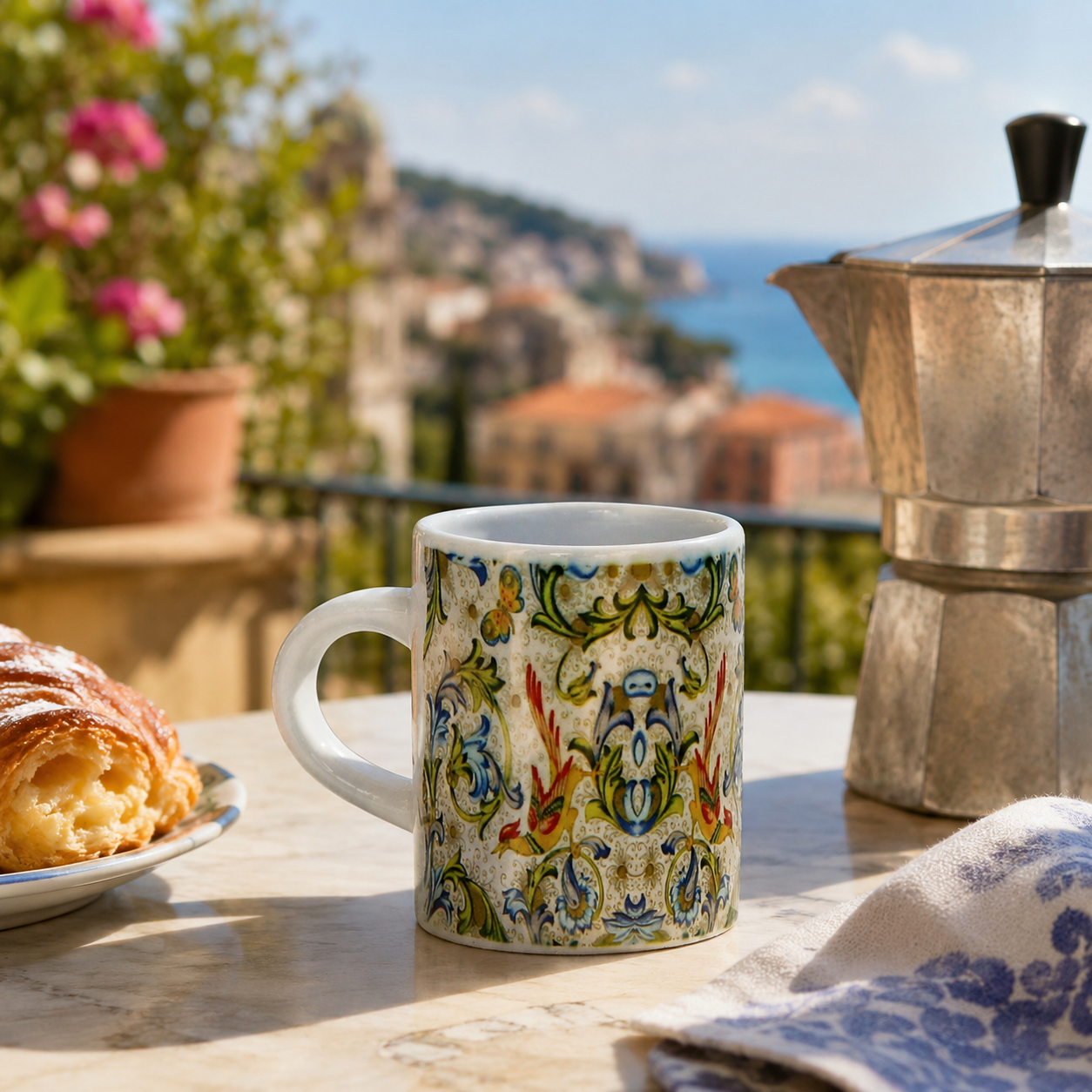 Italian Espresso Cup 3 oz, Ceramic Coffee Cup, Florentine Bird Majolica Style, Coffee Lover Gift