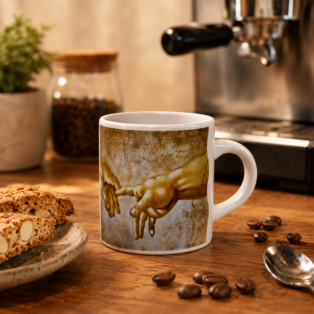 Creation of Adam Espresso Cup 3 oz, Michelangelo Inspired Ceramic Coffee Cup, Renaissance Art Gift