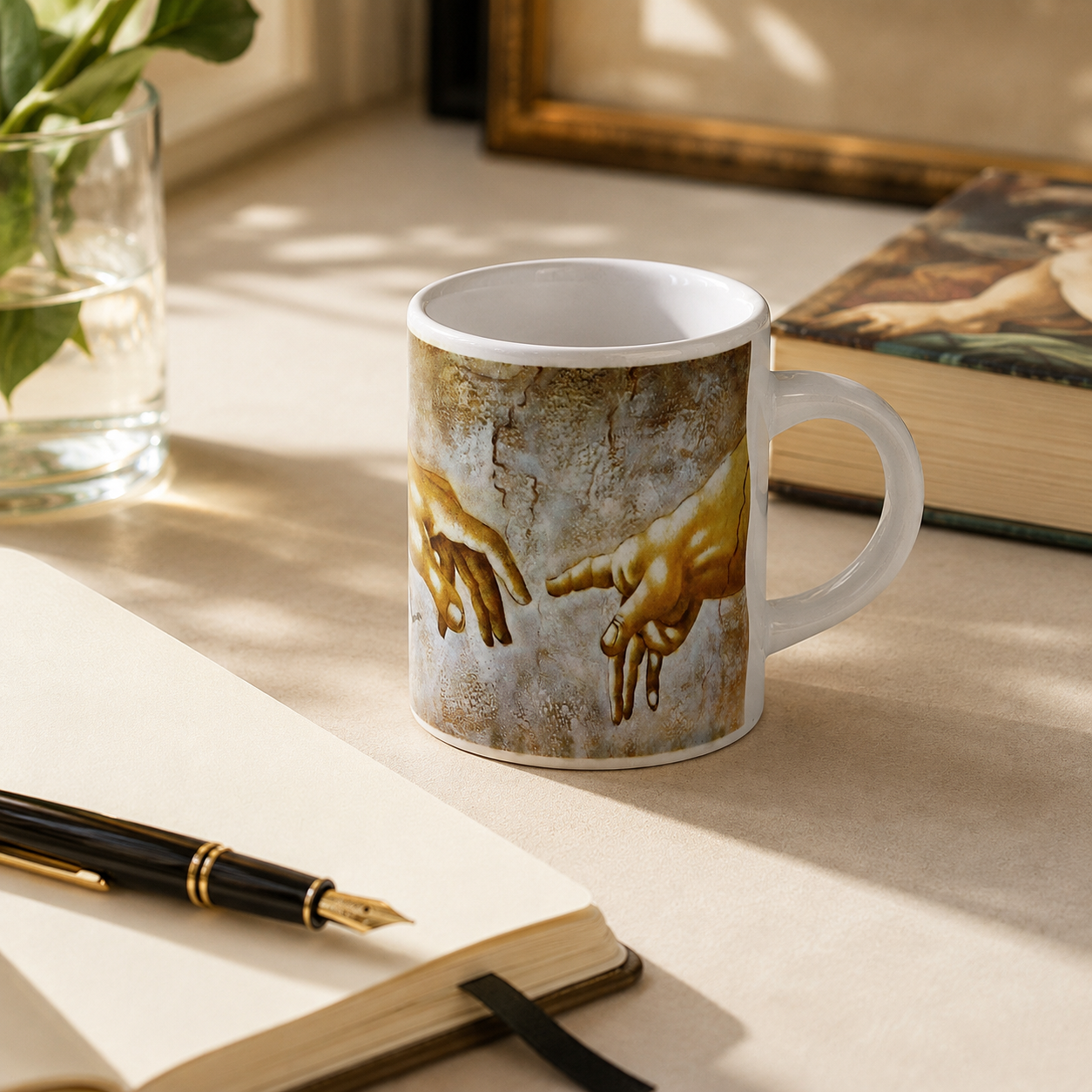 Creation of Adam Espresso Cup 3 oz, Michelangelo Inspired Ceramic Coffee Cup, Renaissance Art Gift