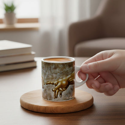 Creation of Adam Espresso Cup 3 oz, Michelangelo Inspired Ceramic Coffee Cup, Renaissance Art Gift