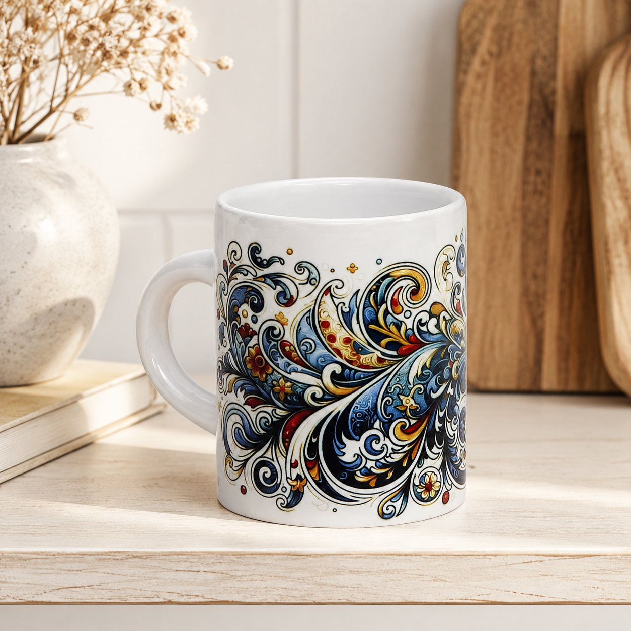 Italian Espresso Cup 3 oz, Ceramic Coffee Cup, Modern Majolica Scrollwork Design, Coffee Lover Gift