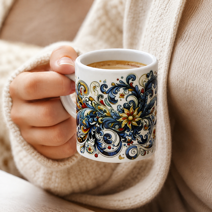 Italian Espresso Cup 3 oz, Ceramic Coffee Cup, Modern Majolica Scrollwork Design, Coffee Lover Gift
