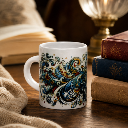 Italian Espresso Cup 3 oz, Ceramic Coffee Cup, Modern Majolica Scrollwork Design, Coffee Lover Gift
