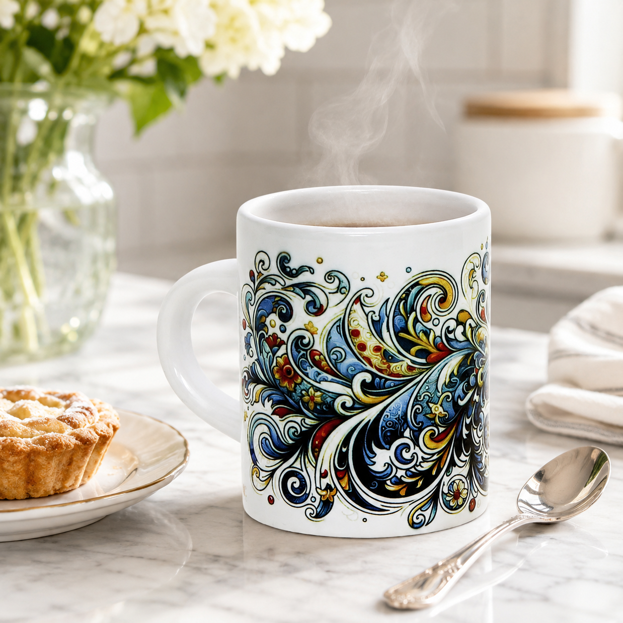 Italian Espresso Cup 3 oz, Ceramic Coffee Cup, Modern Majolica Scrollwork Design, Coffee Lover Gift