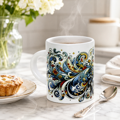Italian Espresso Cup 3 oz, Ceramic Coffee Cup, Modern Majolica Scrollwork Design, Coffee Lover Gift