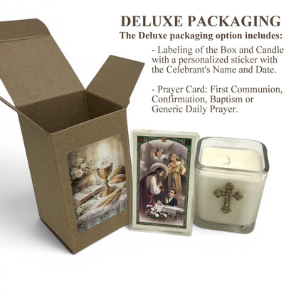 CHRISTIAN CANDLE: FIRST COMMUNION - CONFIRMATION - BAPTISM Small Square Glass with Small Bronze Cross Candle – 7.5 oz | USA