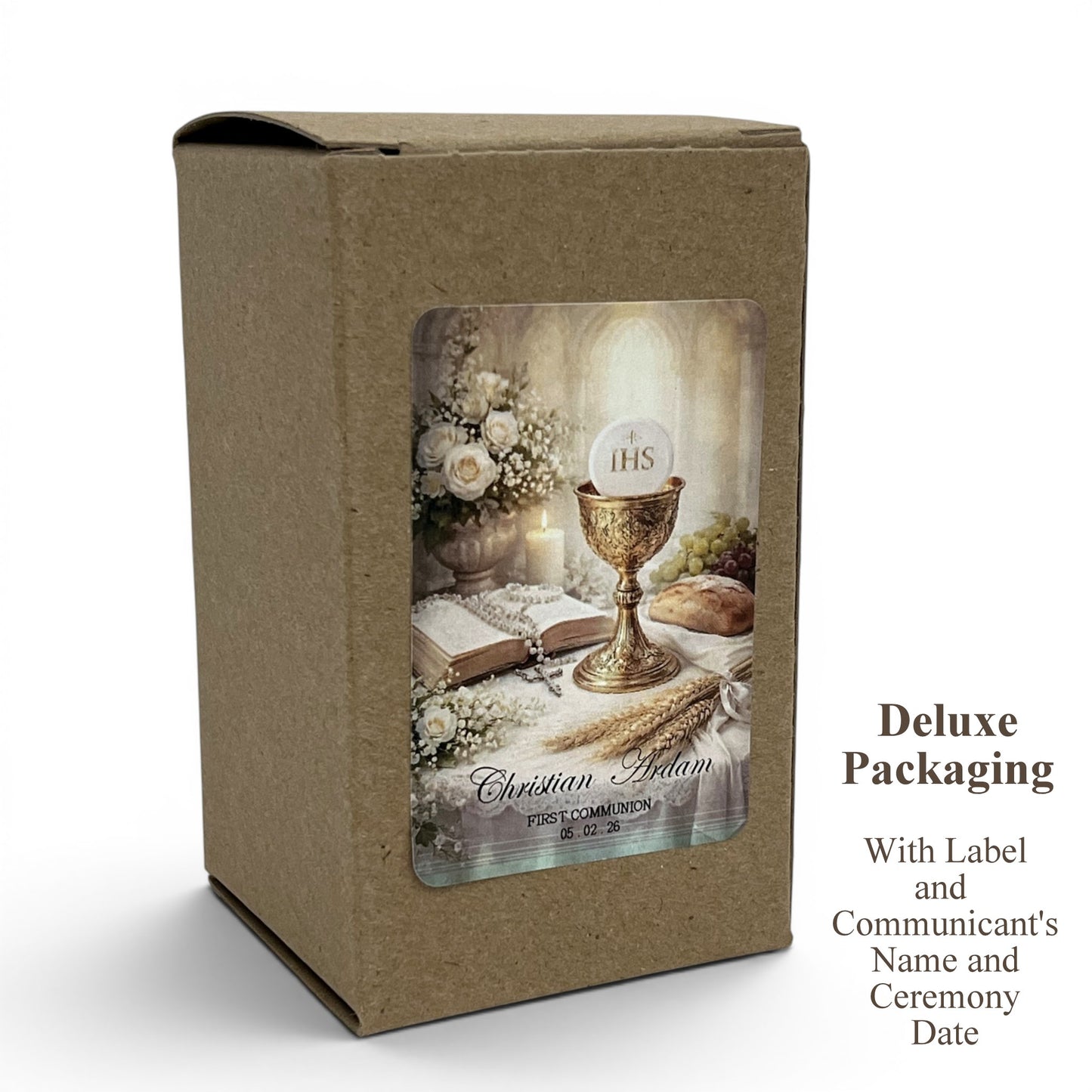 CHRISTIAN CANDLE: FIRST COMMUNION - CONFIRMATION - BAPTISM Small Square Glass with Small Bronze Cross Candle – 7.5 oz | USA