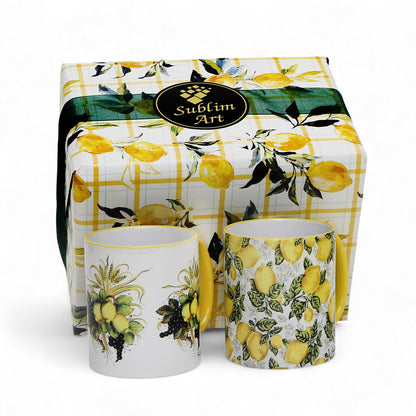 SUBLIMART: Boxed Set of 2 Italian Style Ceramic Mugs with Lemon and Grape Harvest Design