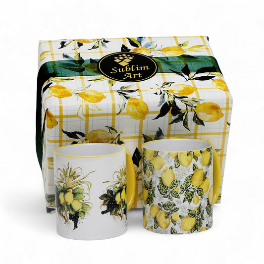 SUBLIMART: Boxed Set of 2 Italian Style Ceramic Mugs with Lemon and Grape Harvest Design
