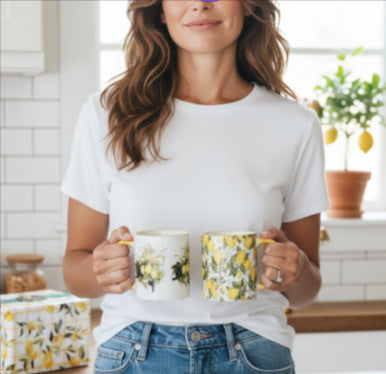 SUBLIMART: Boxed Set of 2 Italian Style Ceramic Mugs with Lemon and Grape Harvest Design