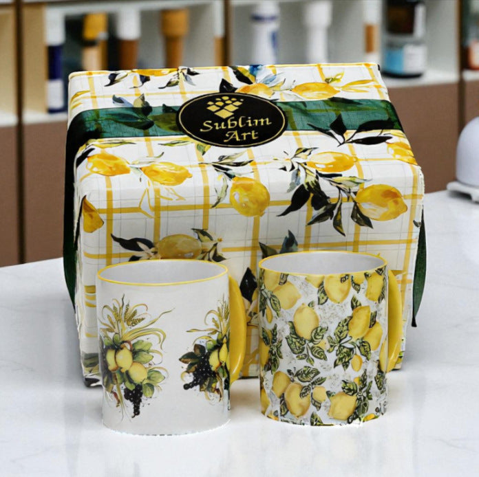 SUBLIMART: Boxed Set of 2 Italian Style Ceramic Mugs with Lemon and Grape Harvest Design