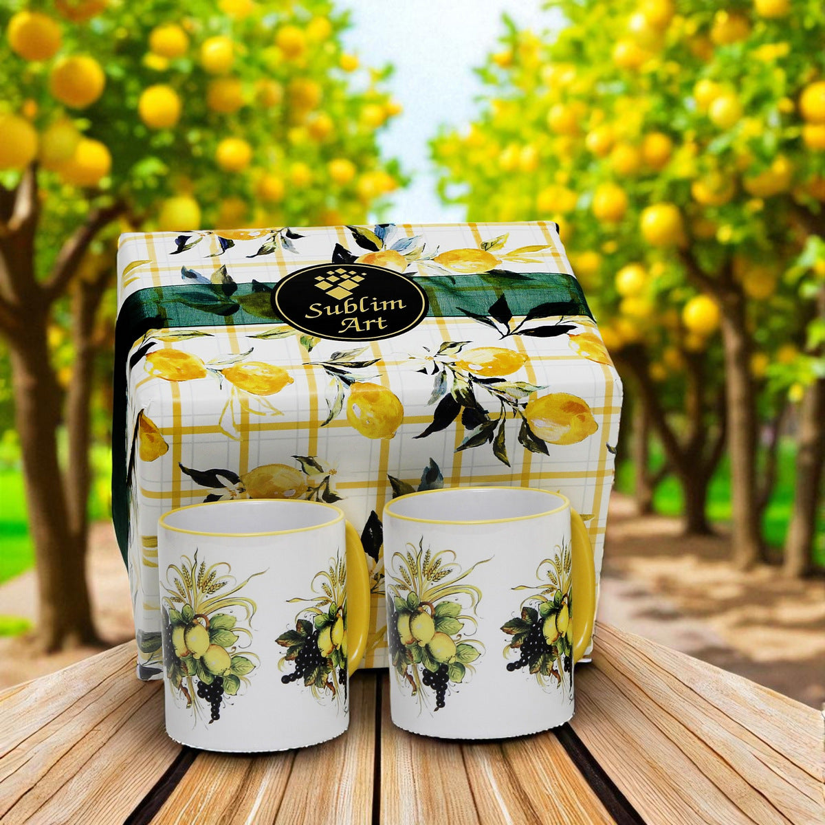 SUBLIMART: Boxed Set of 2 Italian Style Ceramic Mugs with Lemon and Grape Harvest Design