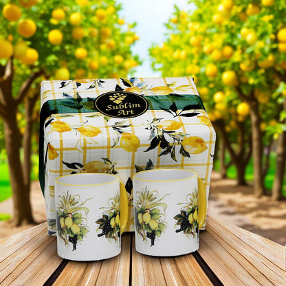 SUBLIMART: Boxed Set of 2 Italian Style Ceramic Mugs with Lemon and Grape Harvest Design