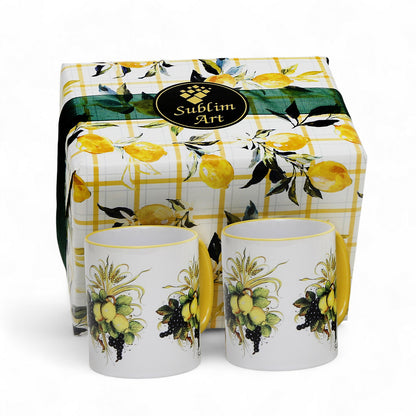 SUBLIMART: Boxed Set of 2 Italian Style Ceramic Mugs with Lemon and Grape Harvest Design
