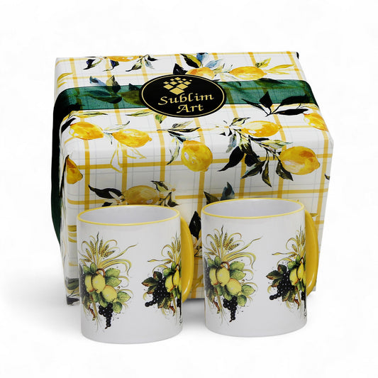 SUBLIMART: Boxed Set of 2 Italian Style Ceramic Mugs with Lemon and Grape Harvest Design