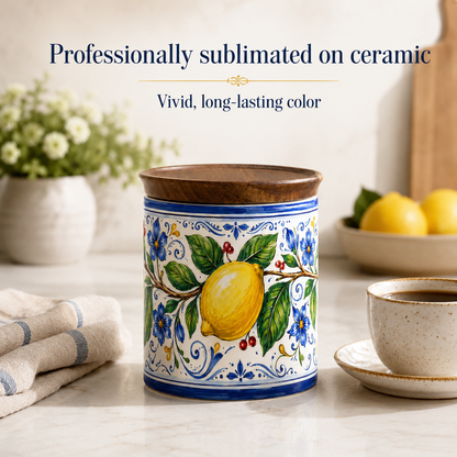 Italian Lemon Ceramic Kitchen Jar, 11 oz Storage Canister with Wood Lid