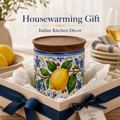 Italian Lemon Ceramic Kitchen Jar, 11 oz Storage Canister with Wood Lid