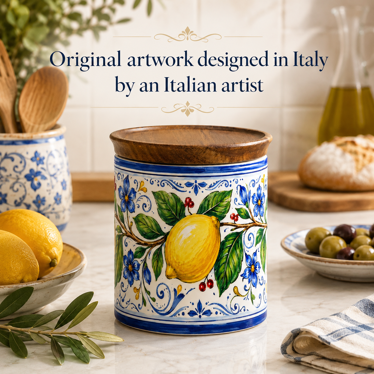 Italian Lemon Ceramic Kitchen Jar, 11 oz Storage Canister with Wood Lid