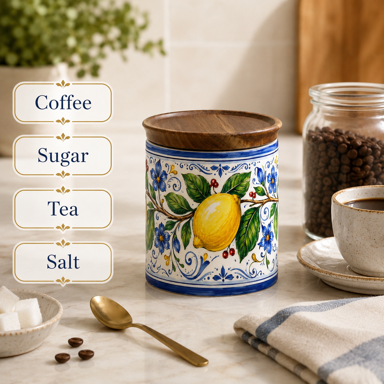 Italian Lemon Ceramic Kitchen Jar, 11 oz Storage Canister with Wood Lid