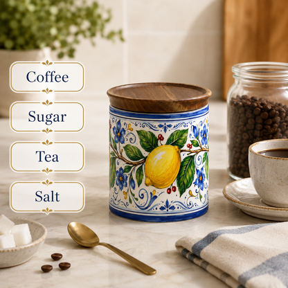 Italian Lemon Ceramic Kitchen Jar, 11 oz Storage Canister with Wood Lid