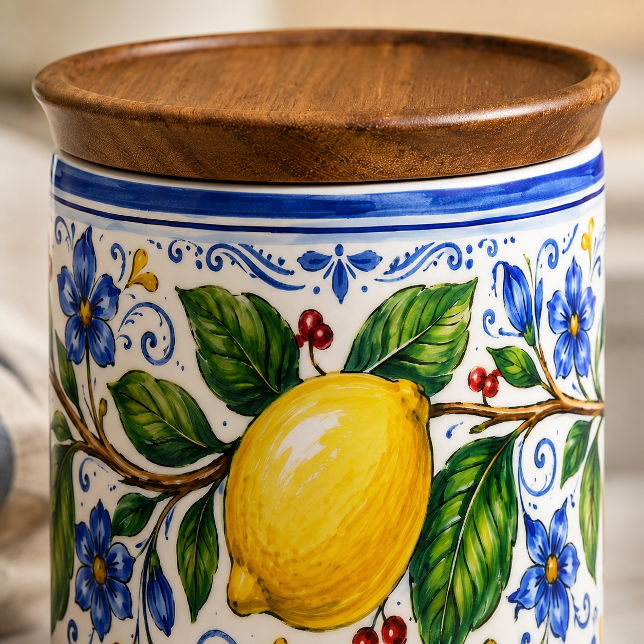 Italian Lemon Ceramic Kitchen Jar, 11 oz Storage Canister with Wood Lid