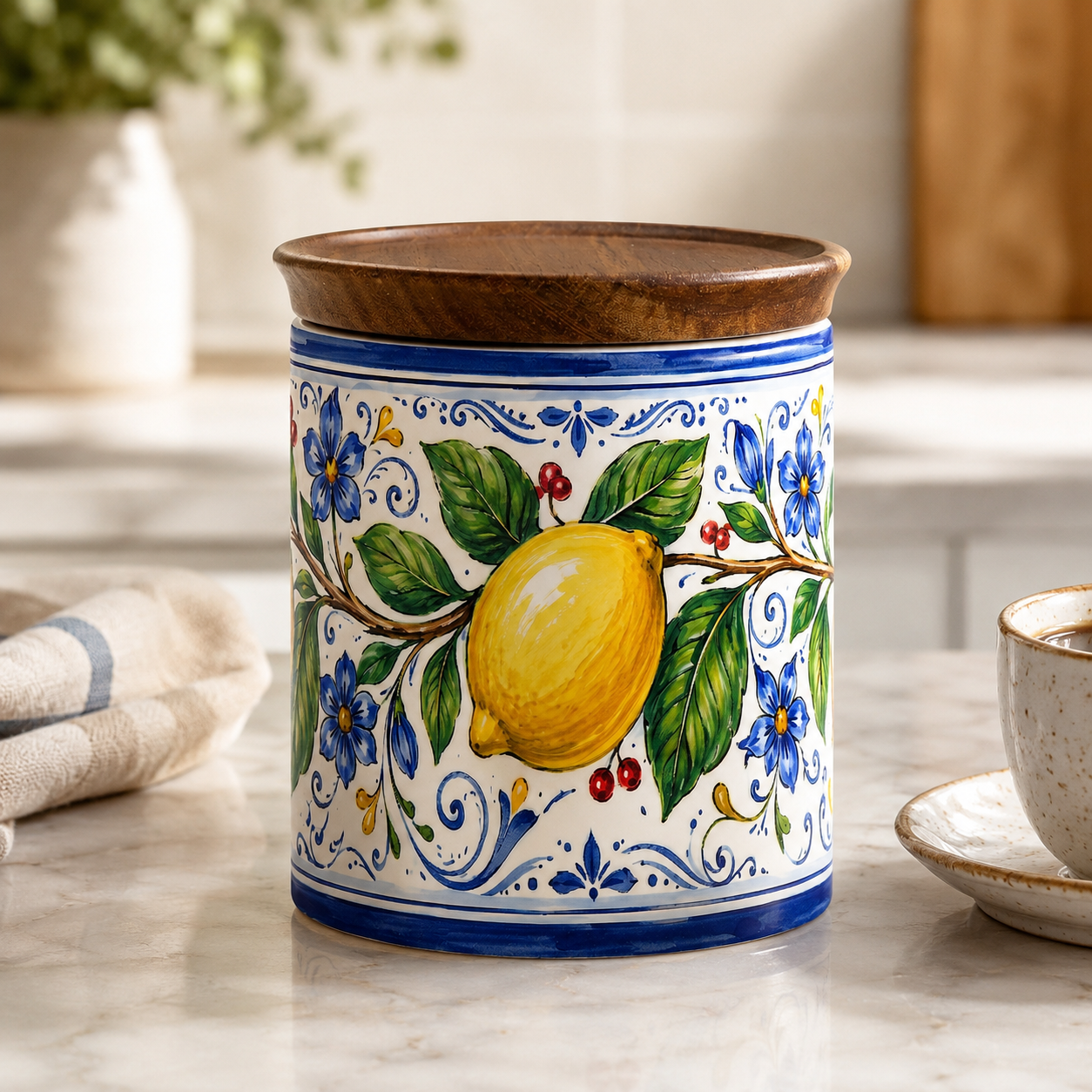 Italian Lemon Ceramic Kitchen Jar, 11 oz Storage Canister with Wood Lid