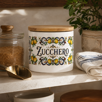 Ceramic Kitchen Canister Italian Design 16oz with Bamboo Sealing Lid