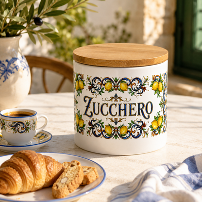 Ceramic Kitchen Canister Italian Design 16oz with Bamboo Sealing Lid