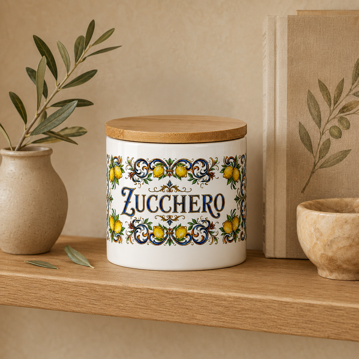 Ceramic Kitchen Canister Italian Design 16oz with Bamboo Sealing Lid