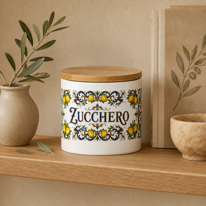Ceramic Kitchen Canister Italian Design 16oz with Bamboo Sealing Lid