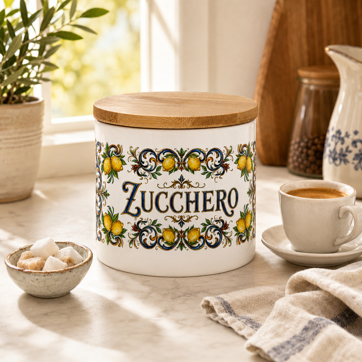 Ceramic Kitchen Canister Italian Design 16oz with Bamboo Sealing Lid