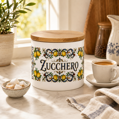 Ceramic Kitchen Canister Italian Design 16oz with Bamboo Sealing Lid