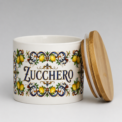 Ceramic Kitchen Canister Italian Design 16oz with Bamboo Sealing Lid