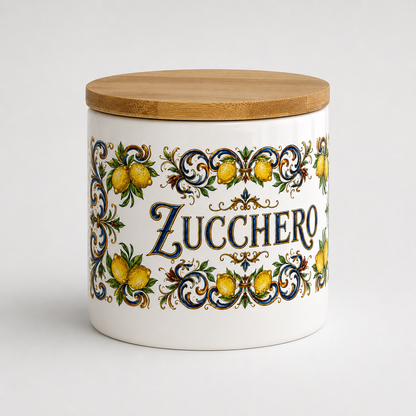 Ceramic Kitchen Canister Italian Design 16oz with Bamboo Sealing Lid