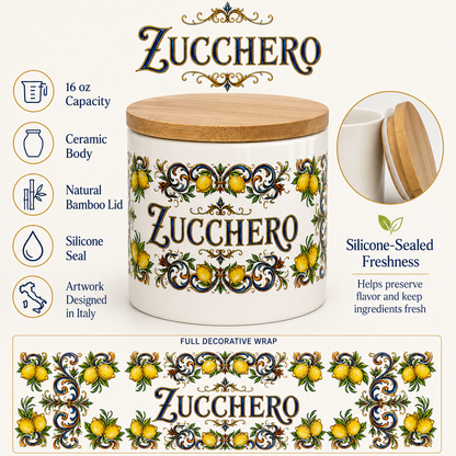 Ceramic Kitchen Canister Italian Design 16oz with Bamboo Sealing Lid