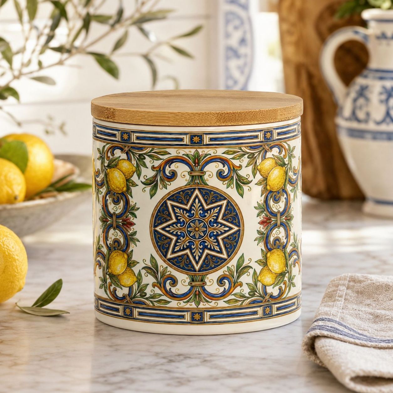 Italian Ceramic Kitchen Canister 16oz with Bamboo Sealing Lid - Mediterranean Lemon Ceramic Jar