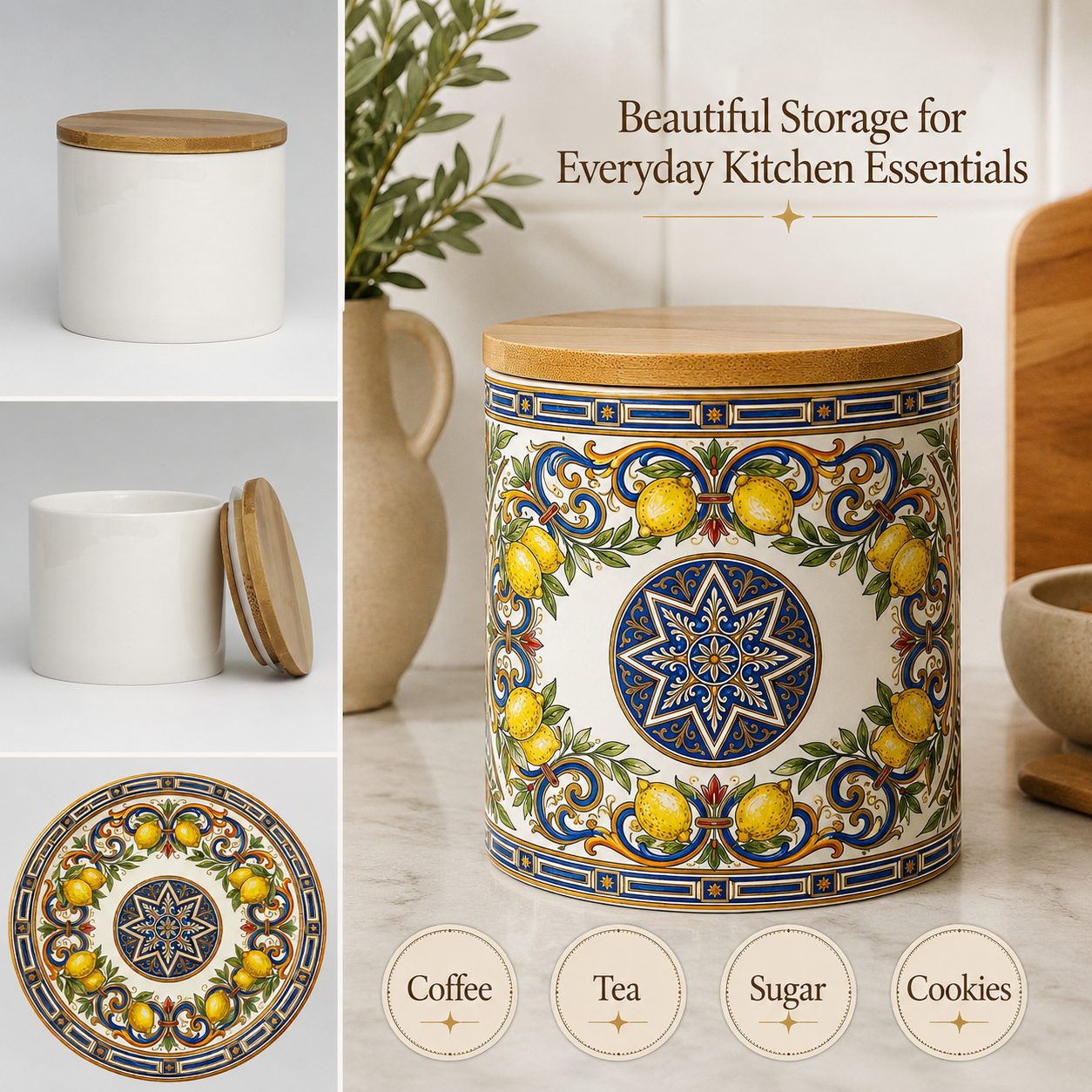 Italian Ceramic Kitchen Canister 16oz with Bamboo Sealing Lid - Mediterranean Lemon Ceramic Jar