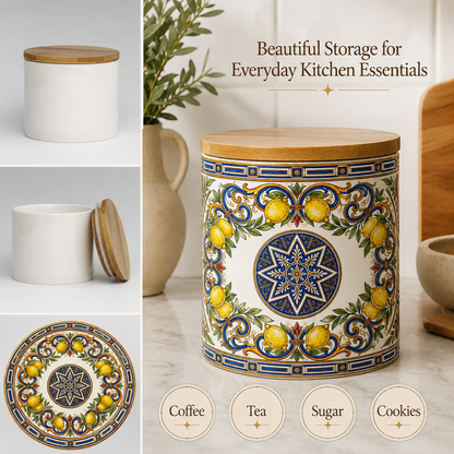 Italian Ceramic Kitchen Canister 16oz with Bamboo Sealing Lid - Mediterranean Lemon Ceramic Jar