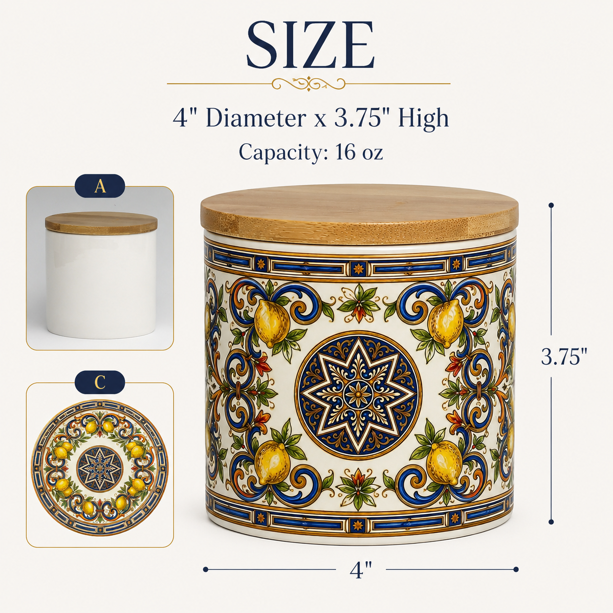 Italian Ceramic Kitchen Canister 16oz with Bamboo Sealing Lid - Mediterranean Lemon Ceramic Jar