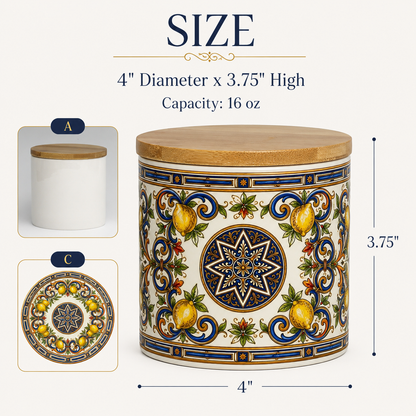 Italian Ceramic Kitchen Canister 16oz with Bamboo Sealing Lid - Mediterranean Lemon Ceramic Jar
