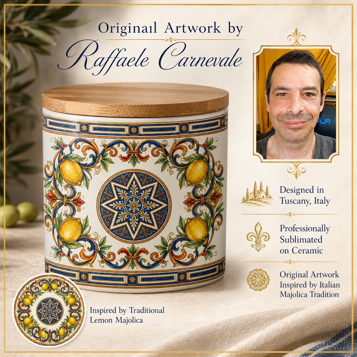 Italian Ceramic Kitchen Canister 16oz with Bamboo Sealing Lid - Mediterranean Lemon Ceramic Jar