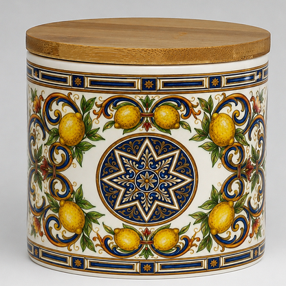 Italian Ceramic Kitchen Canister 16oz with Bamboo Sealing Lid - Mediterranean Lemon Ceramic Jar