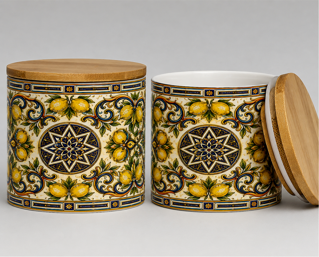 Italian Ceramic Kitchen Canister 16oz with Bamboo Sealing Lid - Mediterranean Lemon Ceramic Jar