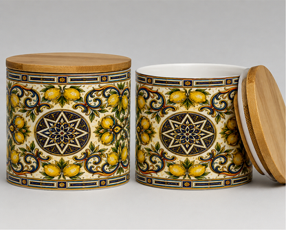 Italian Ceramic Kitchen Canister 16oz with Bamboo Sealing Lid - Mediterranean Lemon Ceramic Jar