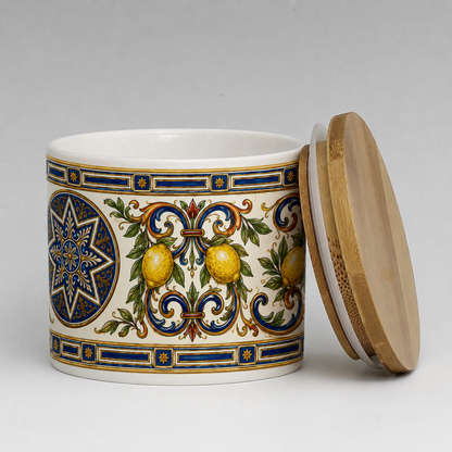 Italian Ceramic Kitchen Canister 16oz with Bamboo Sealing Lid - Mediterranean Lemon Ceramic Jar