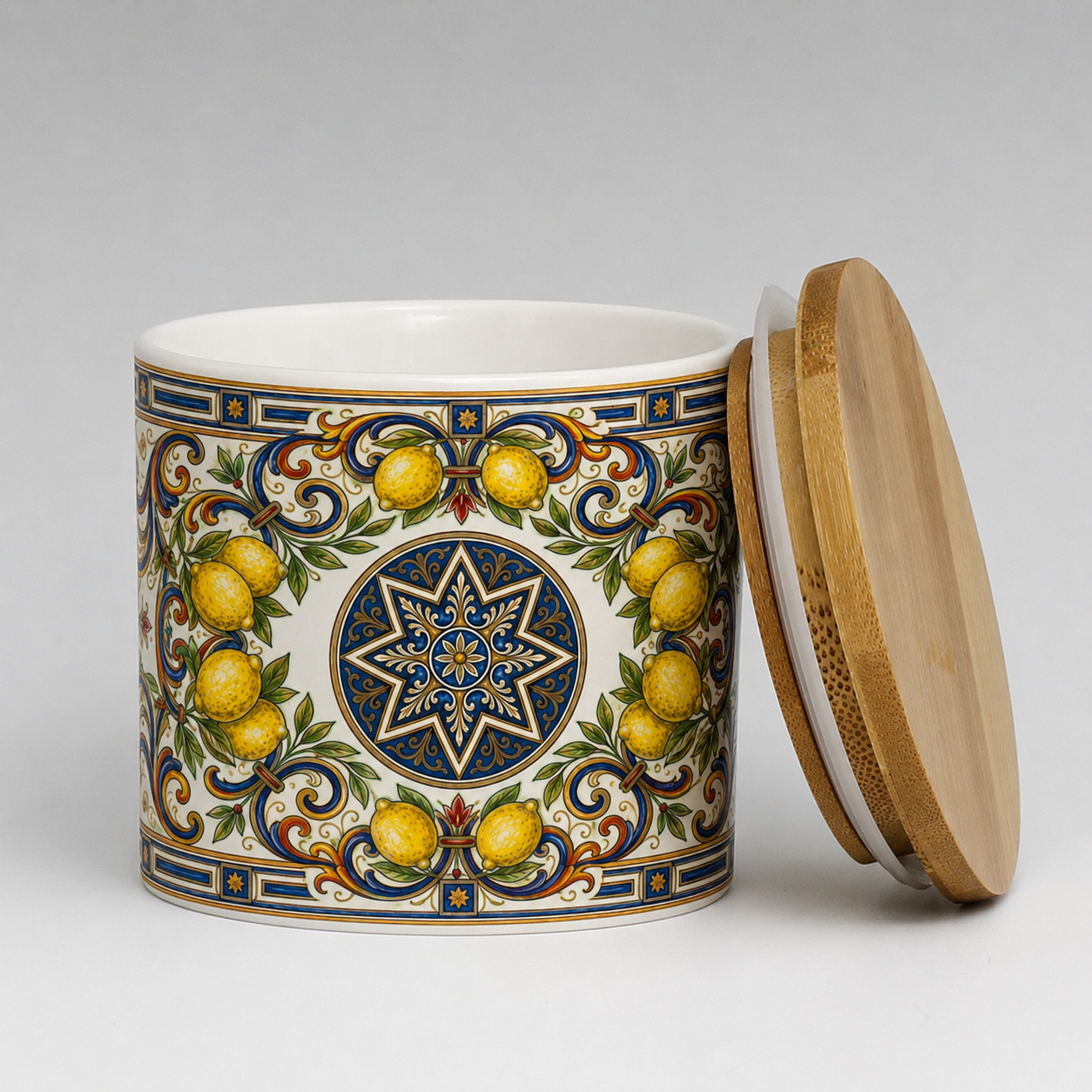 Italian Ceramic Kitchen Canister 16oz with Bamboo Sealing Lid - Mediterranean Lemon Ceramic Jar